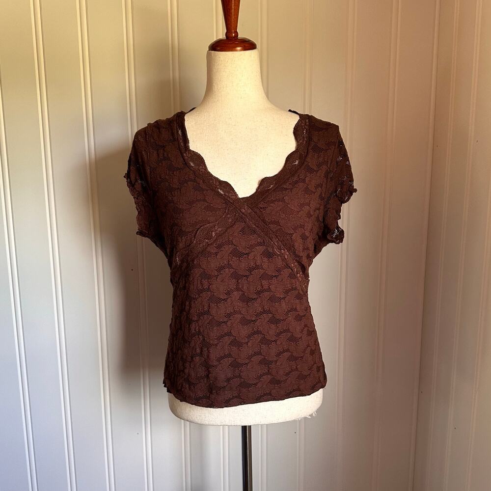 Vintage 90s/Y2K Whimsygoth Brown Lace Top XL